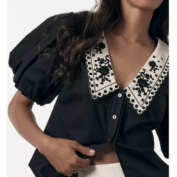Anthropologie Black Blouse with White Embroidered Collar - Picture 2 of 5